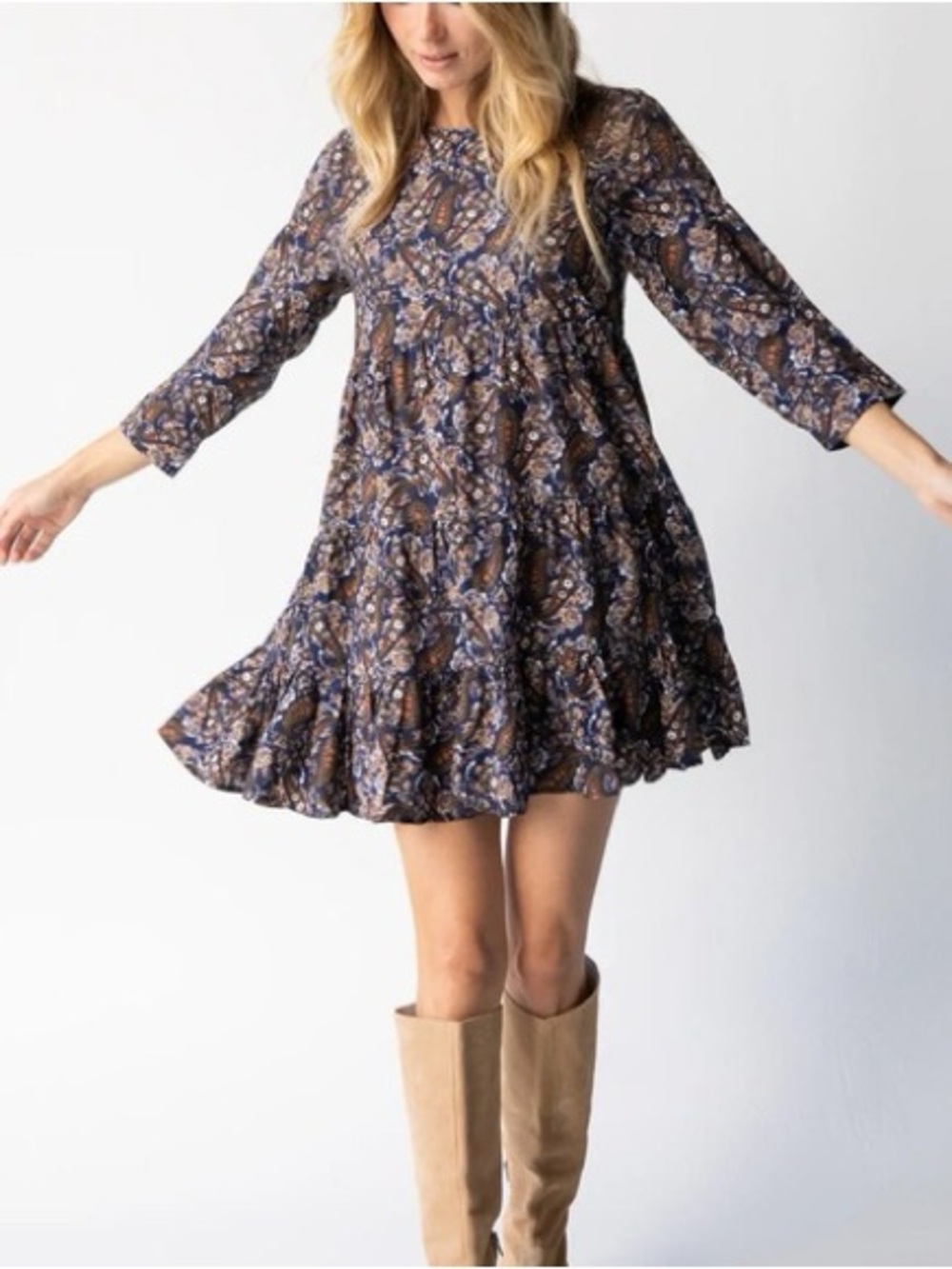 NATURAL LIFE Navy and Brown Floral Ruffled Mini Dress Size Small